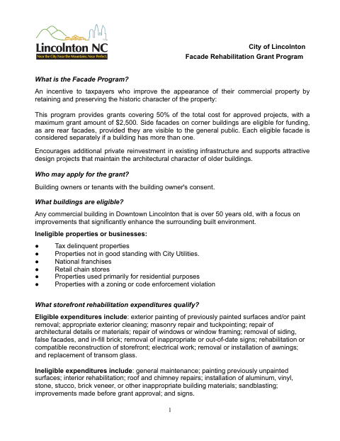 First page of the Facade Rehabilitation Grant Application