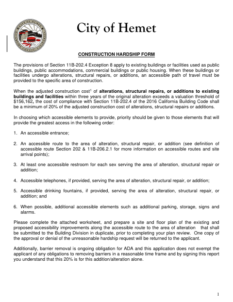 First page of the Construction Hardship Form