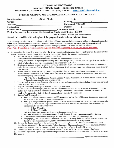 First page of the 2026 Site Grading and Stormwater Control Plan Checklist