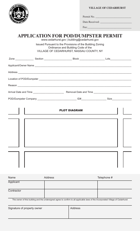 First page of the POD/Dumpster Permit Application