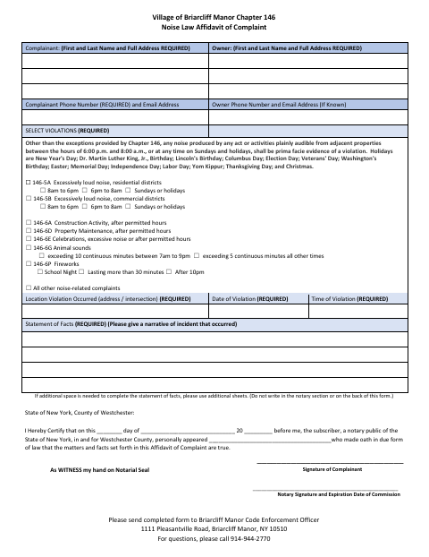 First page of the Noise Law Violation Affidavit of Complaint