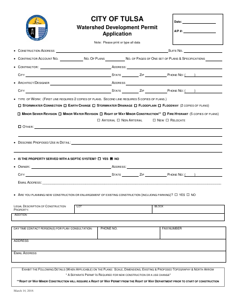 First page of the Watershed Development Permit Application