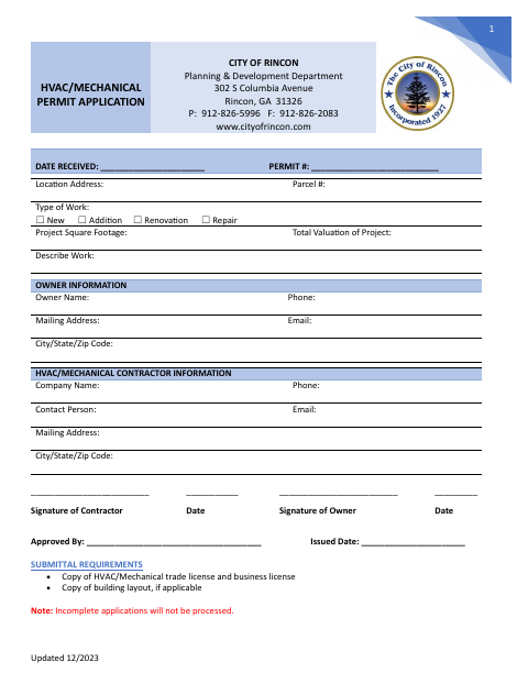 First page of the HVAC / Mechanical Permit Application