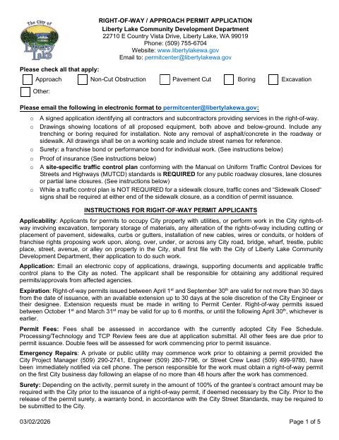 First page of the Right of Way Permit Application
