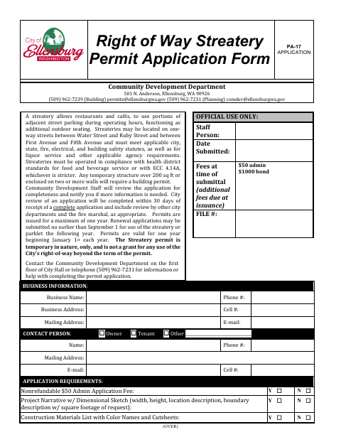 First page of the Right of Way Streatery Permit Application