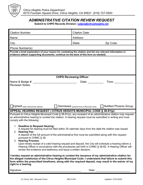 First page of the Administrative Citation Review Request