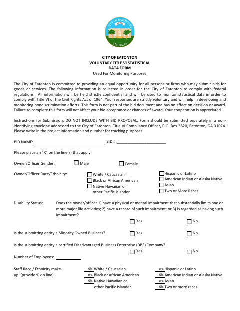 First page of the Voluntary Title VI Statistical Data Form