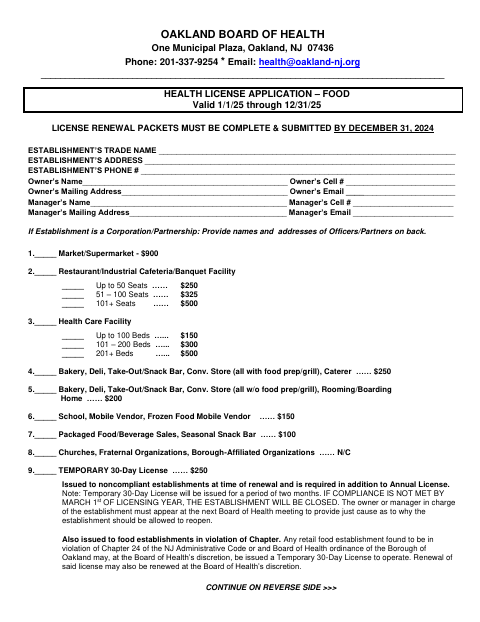 First page of the Health License Application – Food