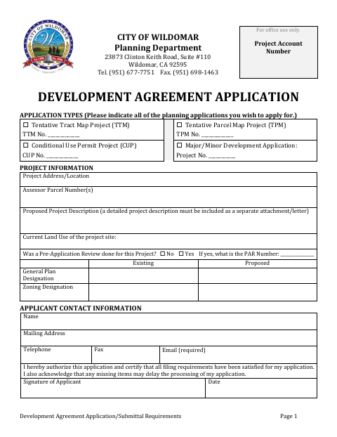 First page of the Development Agreement Application