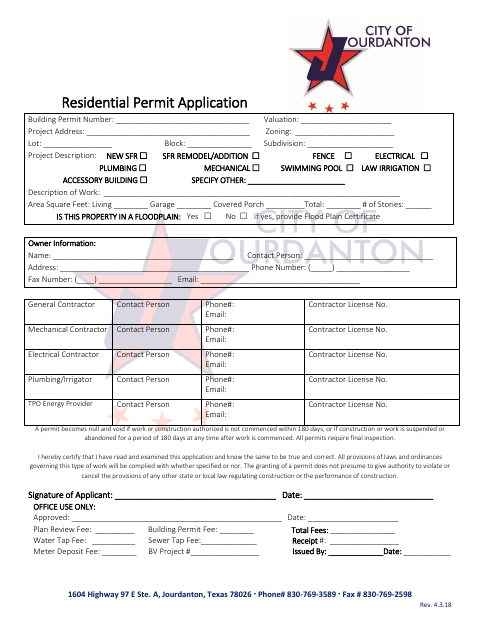 First page of the Residential Permit Application