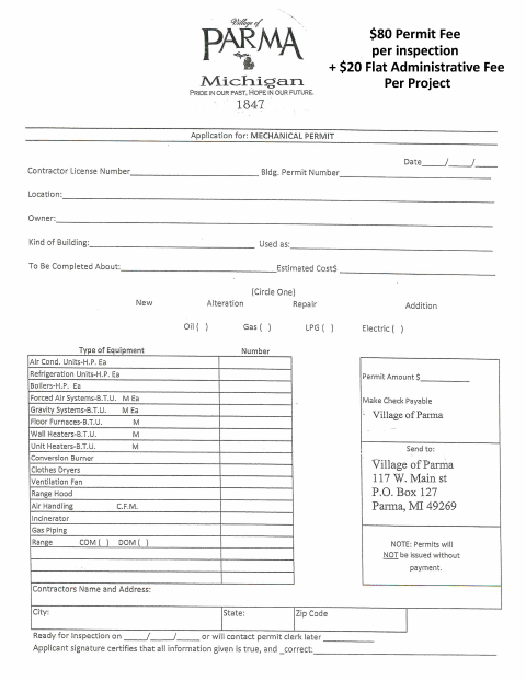 First page of the Mechanical Permit Application