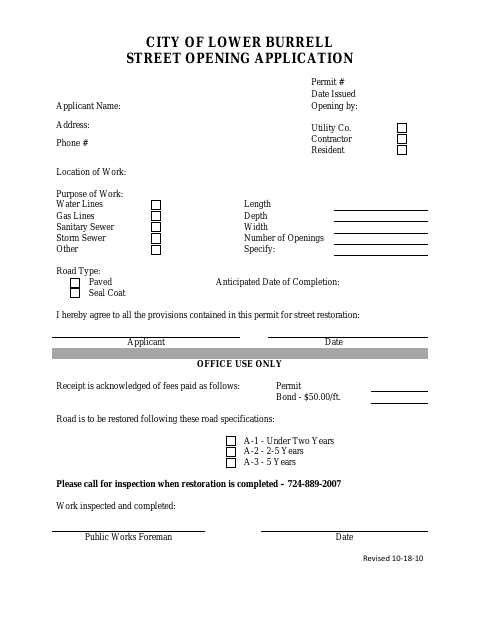First page of the Street Opening Application