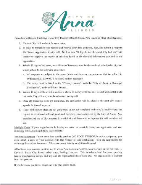 First page of the Use of City Property Application