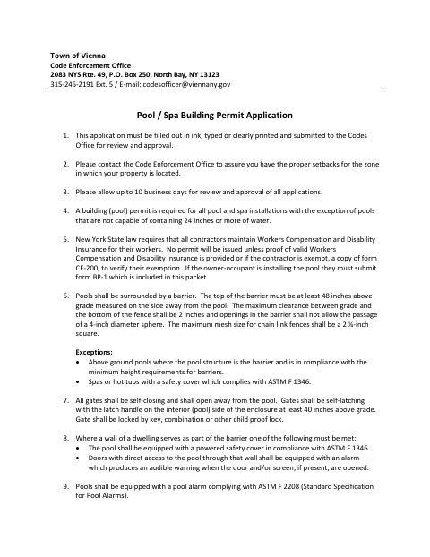 First page of the Pool / Spa Building Permit Application