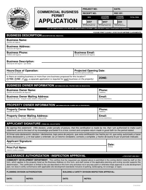 First page of the Commercial Business Permit Application