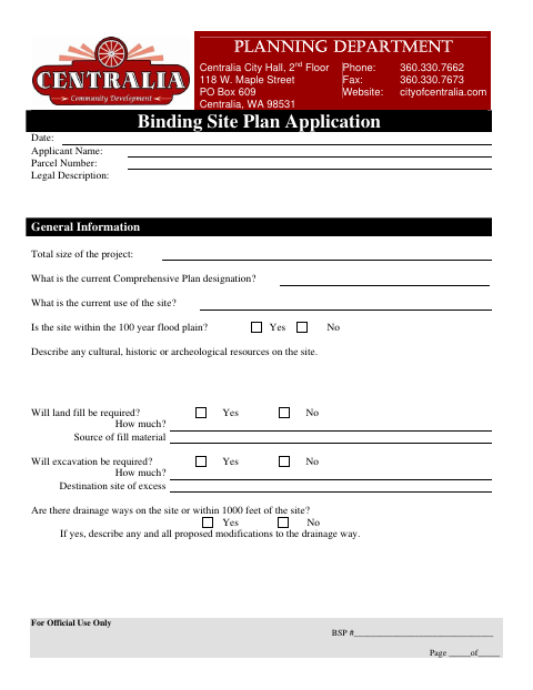 First page of the Binding Site Plan Application