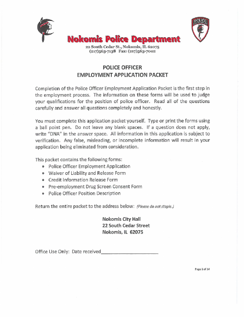 First page of the Police Officer Employment Application Packet