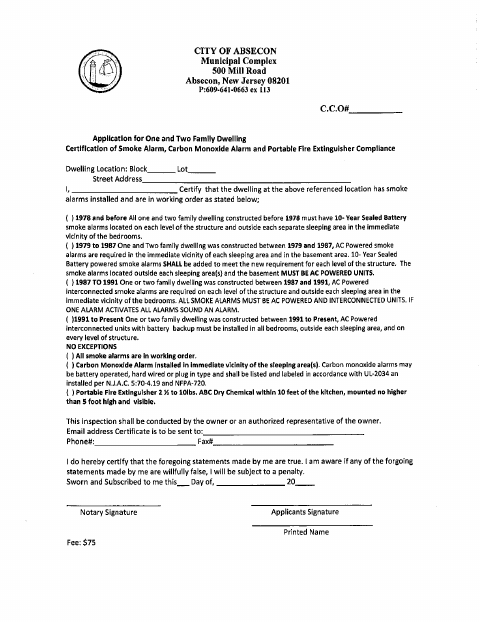First page of the Smoke Alarm, Carbon Monoxide Alarm, and Fire Extinguisher Compliance Certification