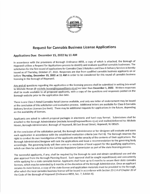 First page of the Cannabis Business License Application Package