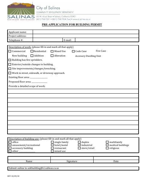 First page of the Pre-Application for Building Permit