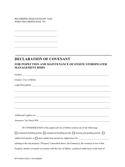 First page of the Declaration Of Covenant For Inspection And Maintenance Of Onsite Stormwater Management BMPs