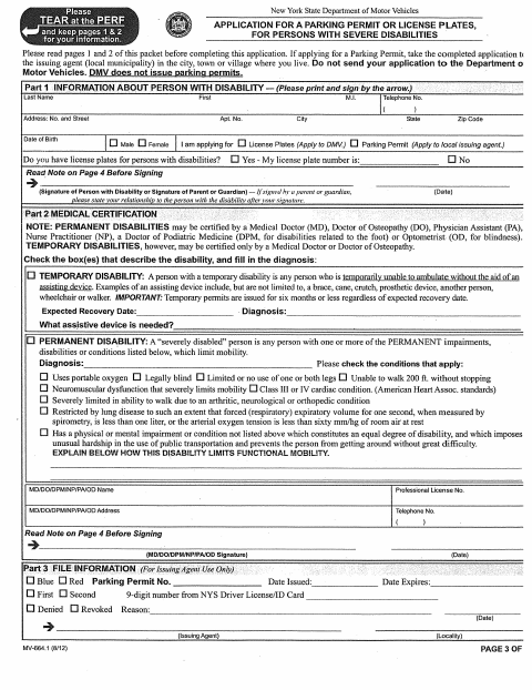 First page of the Application for a Parking Permit or License Plates for Persons With Severe Disabilities