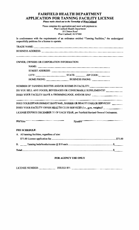 First page of the Tanning Facility Application