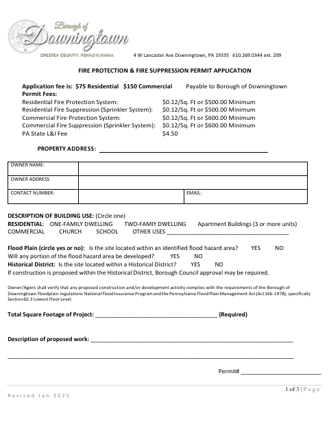 First page of the Fire Protection & Fire Suppression Permit Application