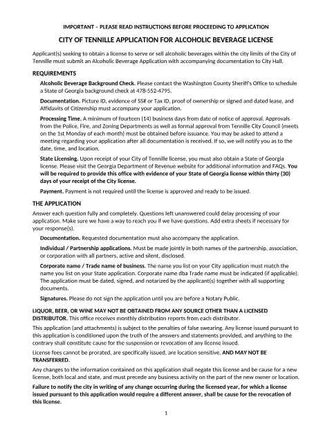 First page of the Alcohol Beverage Application
