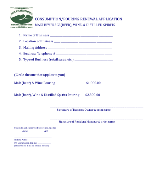 First page of the Renewal Alcoholic Beverage Consumption/Pouring License Application
