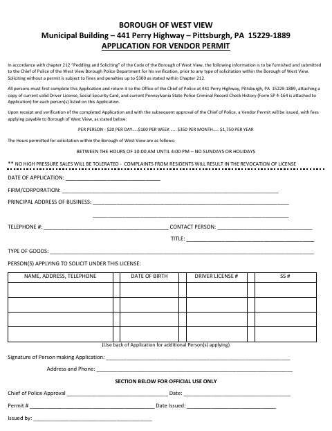 First page of the Application for Vendor Permit