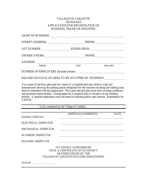 First page of the Application for Registration of Business, Trade or Industry