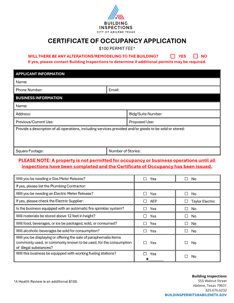 First page of the Certificate of Occupancy Application
