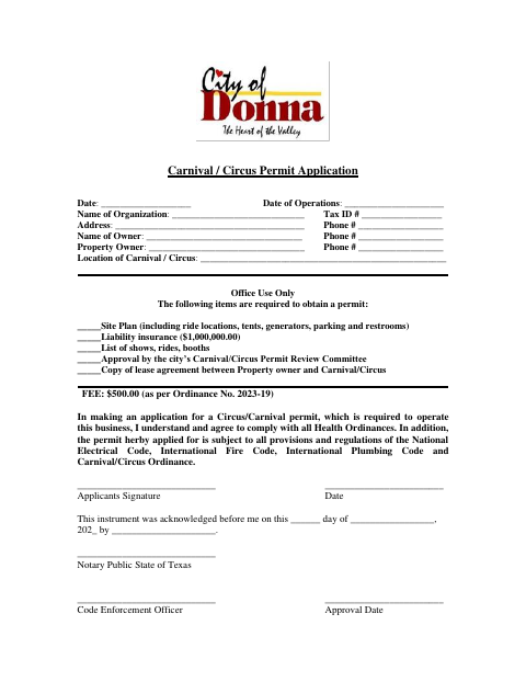 First page of the Carnival / Circus Permit Application