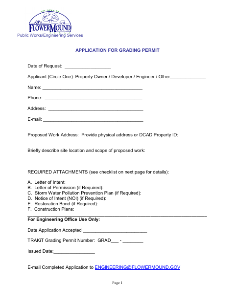 First page of the Application for Grading Permit