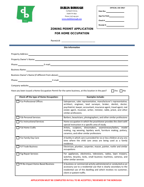 First page of the Zoning Permit Application for Home Occupation