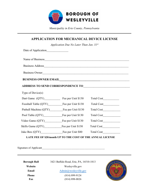 First page of the Application for Mechanical Device License