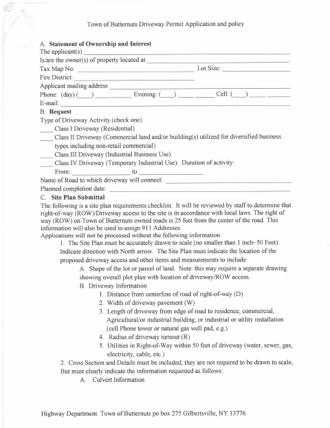 First page of the Driveway Permit Application and Policy