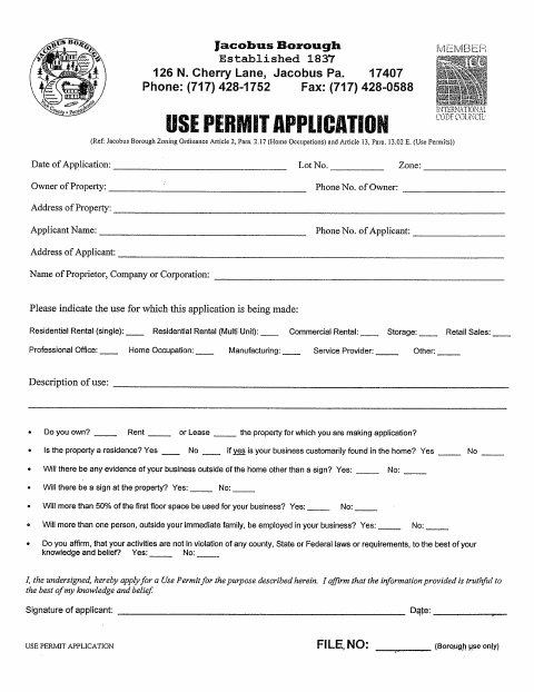 First page of the Use Permit Application