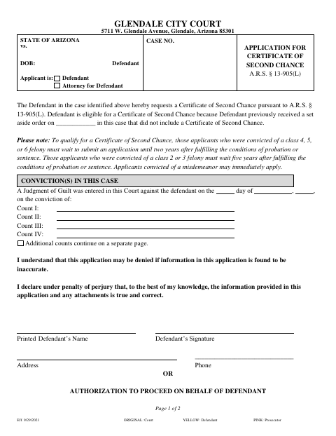 First page of the Application for Certificate of Second Chance