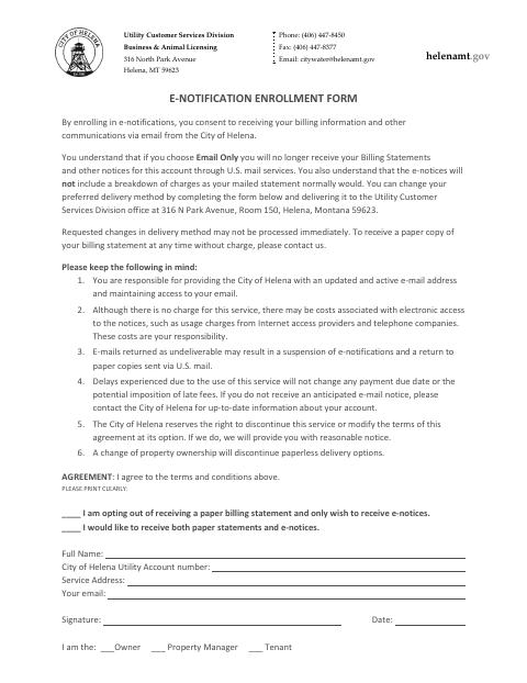 First page of the E-Notification Enrollment Form