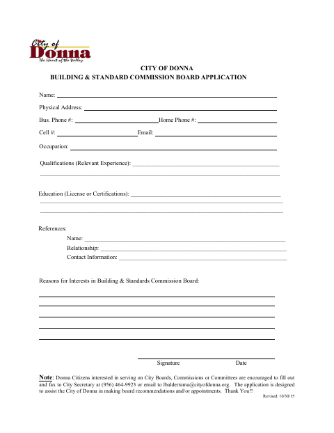 First page of the Building & Standards Commission Board Application