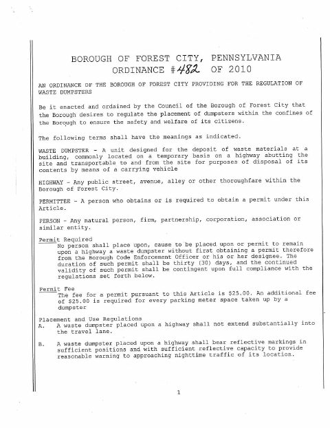 First page of the Dumpster Permit Application