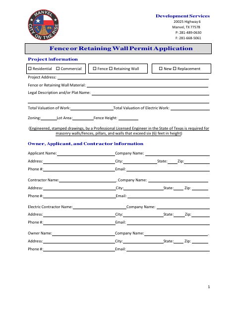 First page of the Fence or Retaining Wall Permit Application