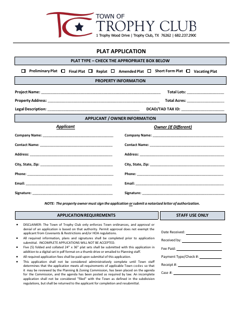 First page of the Application for Plat / Subdivision