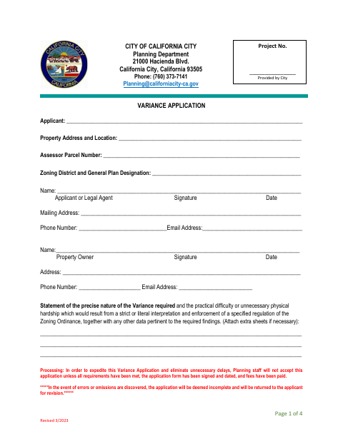 First page of the Variance Application