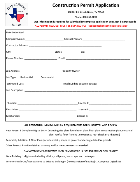 First page of the Construction Permit Application