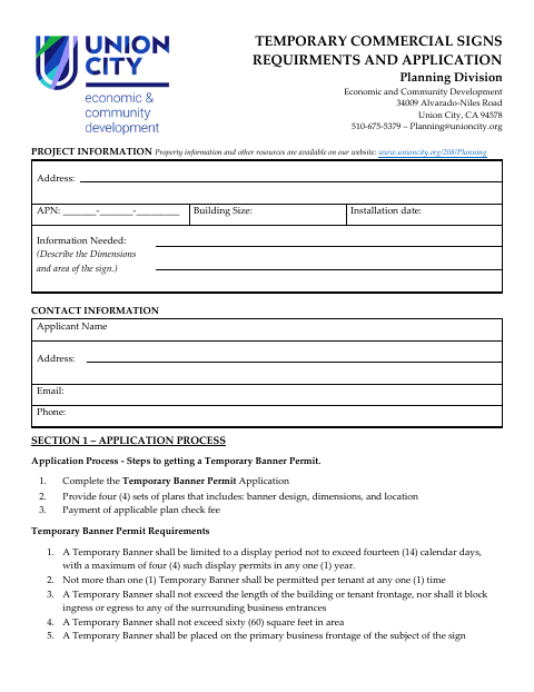 First page of the Temporary Commercial Signs Requirements and Application