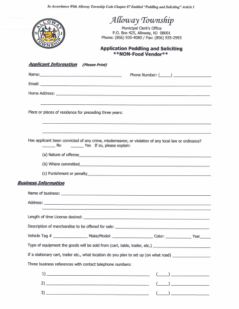 First page of the Peddling and Soliciting – Non-Food Vendor Application