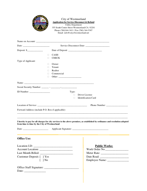 First page of the Application for Service Disconnect & Refund